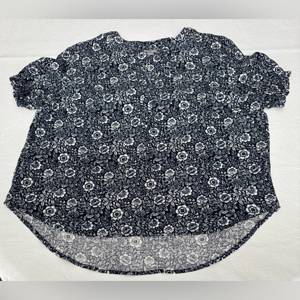 Falls Creek Floral Dark Navy/White Popover Split Neck Linen Blend Hi-low Hem XL - Picture 1 of 10